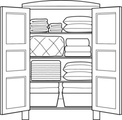 A vector line art illustration of a vintage style linen closet