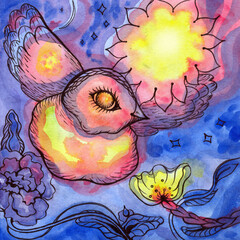 Pink-yellow bird with large beautiful eyes. It has the sun on its wing and stars around it.Magic bird, flowers painted in watercolor on a blue background.