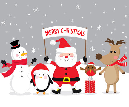 Cute Christmas Character, Santa claus, reindeer, snowman, penguin and litter robin in snowing, vector illustration