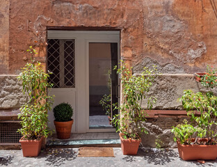 Fototapeta na wymiar vintage house facade with white door and flowerpots, Trastevere old neighborhood, Rome Italy