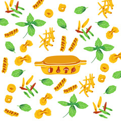 Italian Casserole surrounded by Basil leaves and all sorts of Pasta like Maccheroni, Tortellini, Fusilli, Farfalle, Fricelli and other Italian noodles. Isolated vector illustrated objects on a white
