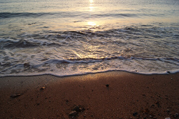 Calm sea wave on a sandy beach at sunrise. Sunrise on the sea. Sea foam. Wave edge on wet sand. Solar path on the sea surface