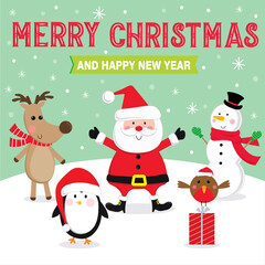 Fototapeta na wymiar Cute Christmas character with Merry Christmas and Happy New Year banner