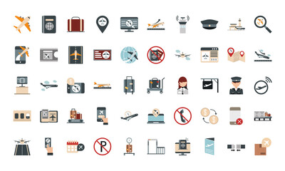 airport travel transport terminal tourism or business plane passport suitcase computer mobile hat ticket world flat style icons set