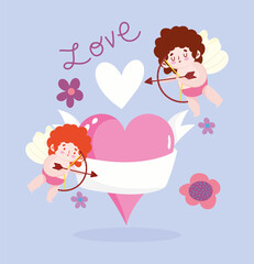 love winged cupids hearts flowers magic romantic cartoon