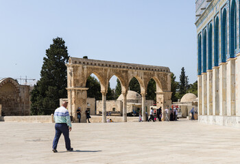 The gate near the Dome of the Rock building on the territory of the interior of the Temple Mount in the Old City in Jerusalem, Israel