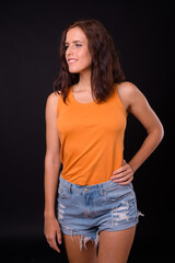 Portrait of happy young beautiful woman with brown hair