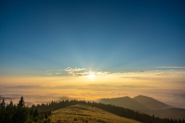 Obraz premium Sunrise, foggy morning in the Carpathian