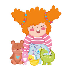 toys object for small kids to play cartoon, little girl with cute bear bunny dinosaur elephant and duck