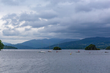Lake Windermere on a cloudy day, in Lake District, England.