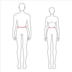 Women and men to do waist measurement fashion Illustration for size chart. 7.5 head size girl and boy for site or online shop. Human body infographic template for clothes. 