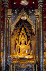 Phitsanulok, THAILAND -  August 6, 2020: Somdet Nang Phaya Ruean Kaew is the name of Buddha Statue in a chapel of Nang Phaya Temple, Phitsanulok province.