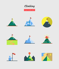 color flat icon symbol set, climbing, hiking, backpacking, activity, adventure, Isolated vector design