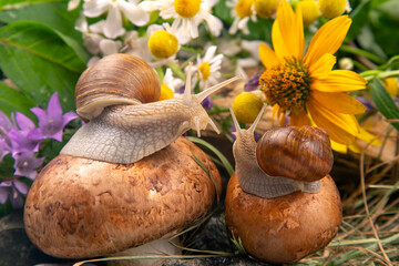 Fototapeta na wymiar Helix pomatia. grape snails sit on mushrooms in nature. mollusc and invertebrate. delicacy meat and gourmet food.