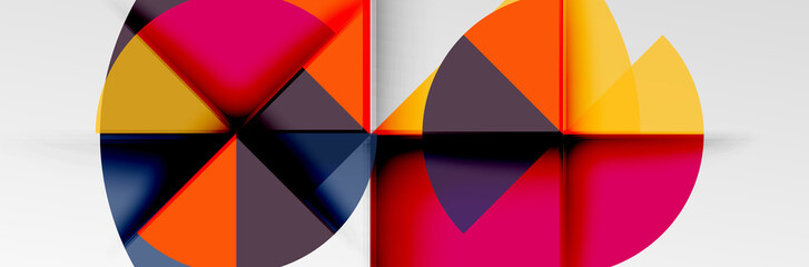 Bright color circles, abstract round shapes and triangles composition with shadow effects. Vector modern geometric design template