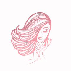 Woman with long, wavy hairstyle.Elegant makeup and manicure.Hair salon, nails art and beauty studio vector illustration.Hairdresser, cosmetics and spa logo.Beautiful young lady portrait.Cute face.