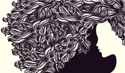 Woman with long, curly hairstyle.Hair salon and beauty studio vector illustration.Hairdresser, cosmetics and spa logo.Beautiful young lady portrait.Cute girl face silhouette.