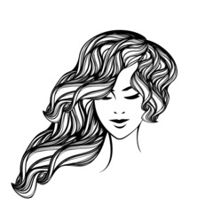 Woman with long, wavy hairstyle and elegant makeup.Hair salon and beauty studio vector illustration.Hairdresser, cosmetics and spa logo.Beautiful young lady portrait.Cute girl face.