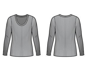 Ribbed scoop neck knit sweater technical fashion illustration with long sleeves, oversized body, tunic length. Flat outwear apparel template front back grey color. Women men unisex shirt top CAD