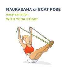 Naukasana, Navasana or Yoga Boat pose Easy Variation with Strap Colorful Concept Illustration.