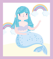 Obraz na płótnie Canvas cute little mermaid blue hair rainbows clouds fantasy cartoon