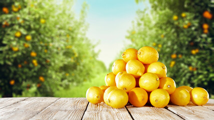 Fresh lemon fruits on white wooden table and free space for your decoration 