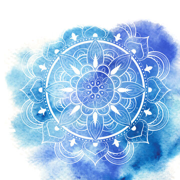 Blue watercolor paint background with white circular mandala pattern.