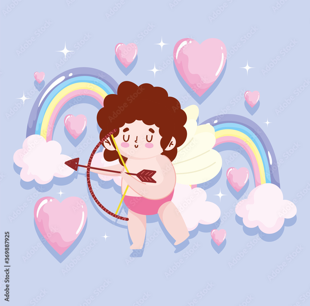 Sticker love cupid with wings shooting arrow rainbows hearts romantic cartoon