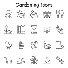 Set of Gardening Related Vector Line Icons. Contains such Icons as gardener, glove, lawnmower, plant, butterfly, fertilization, seeding, boot, shovel, watering can and more