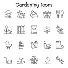 Set of Gardening Related Vector Line Icons. Contains such Icons as gardener, glove, lawnmower, plant, butterfly, fertilization, seeding, boot, shovel, watering can and more