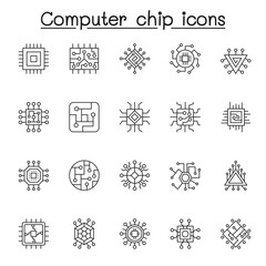 Fototapeta premium Set of Computer chip Related Vector Line Icons. Contains such Icons as circuit, mother board, electronic panel, cpu, processor and more
