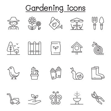 Set of Gardening Related Vector Line Icons. Contains such Icons as gardener, glove, lawnmower, plant, butterfly, fertilization, seeding, boot, shovel, watering can and more