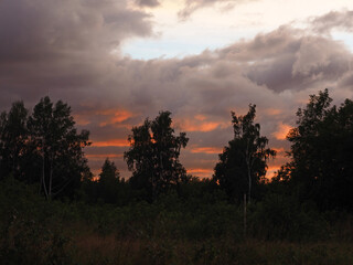Fototapeta na wymiar Thunderous sunset over the forest. Russia, Ural.