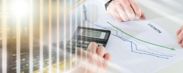 Business people discussing about financial results; multiple exposure