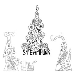 Set of Christmas trees from gears and cogs. Collection of Christmas trees in steampunk style. Vector illustration in sketch style. A linear pattern. Coloring pages for children and adults.