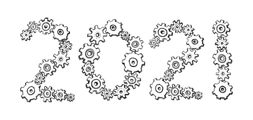 Vector cartoon new year gear wheels. Drawn in black ink on white background
