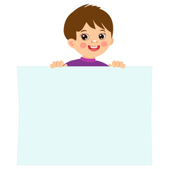 Cartoon boy holding empty blank board with space for text vector illustration. Happy kid holding white horizontal board.