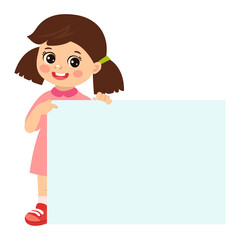 Cartoon girl holding empty blank board with space for text vector illustration. Happy kid holding white horizontal board.