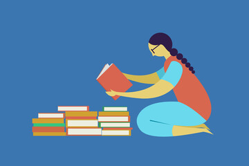 Illustration of a girl sits in the floor and reads books