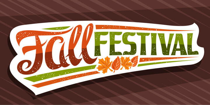 Vector lettering Fall Festival, white signage with curly calligraphic font and illustration of decorative falling leaves, greeting card with swirly unique lettering - fall festival on brown background