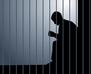 A man sits on a bench in prison. Vector drawing