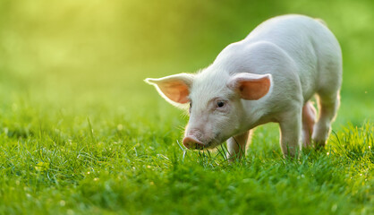funny young pig is standing on the green grass. Happy piglet on the meadow.