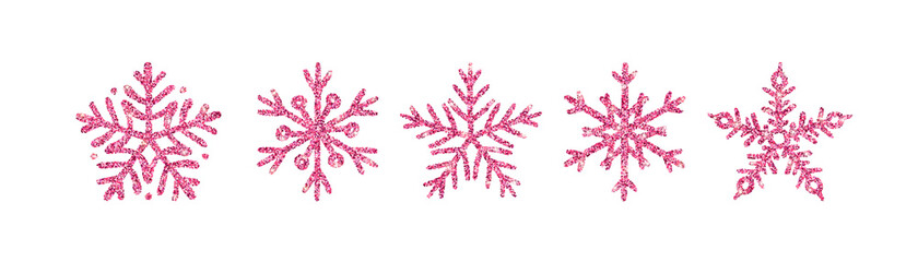 Rose Gold glitter texture snowflake hand drawn icons set on white background. Shiny Christmas, New year and winter sparkling pink symbols for web, print, decoration, greeting card. Vector Illustration