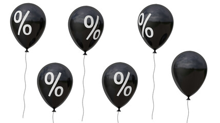 Black Friday. Black balloons and percent symbol. isolated on white background. 3d render - obrazy, fototapety, plakaty