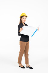 Asian business woman  in safety helmet holding engineering blueprint isolated on white background, asian model