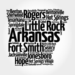 Obraz premium List of cities in Arkansas USA state, map silhouette word cloud, map concept background