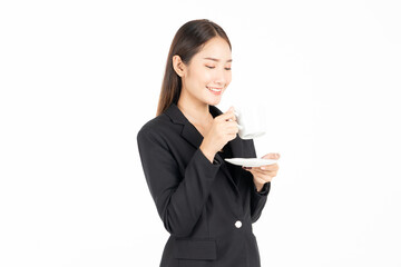 Asian business woman standing holding coffee cup isolate on white background..
