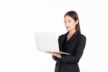 Asian business woman standing use laptop work flow isolate on white background..
