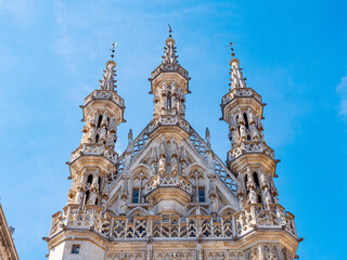 Detail of the gothic style of the cityhall building in the old town of Leuven, Belgium