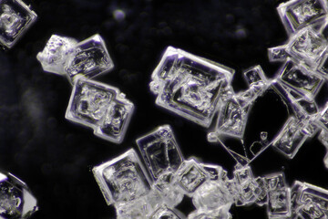 Microscopic view of sodium chloride crystals. Darkfield illumination.